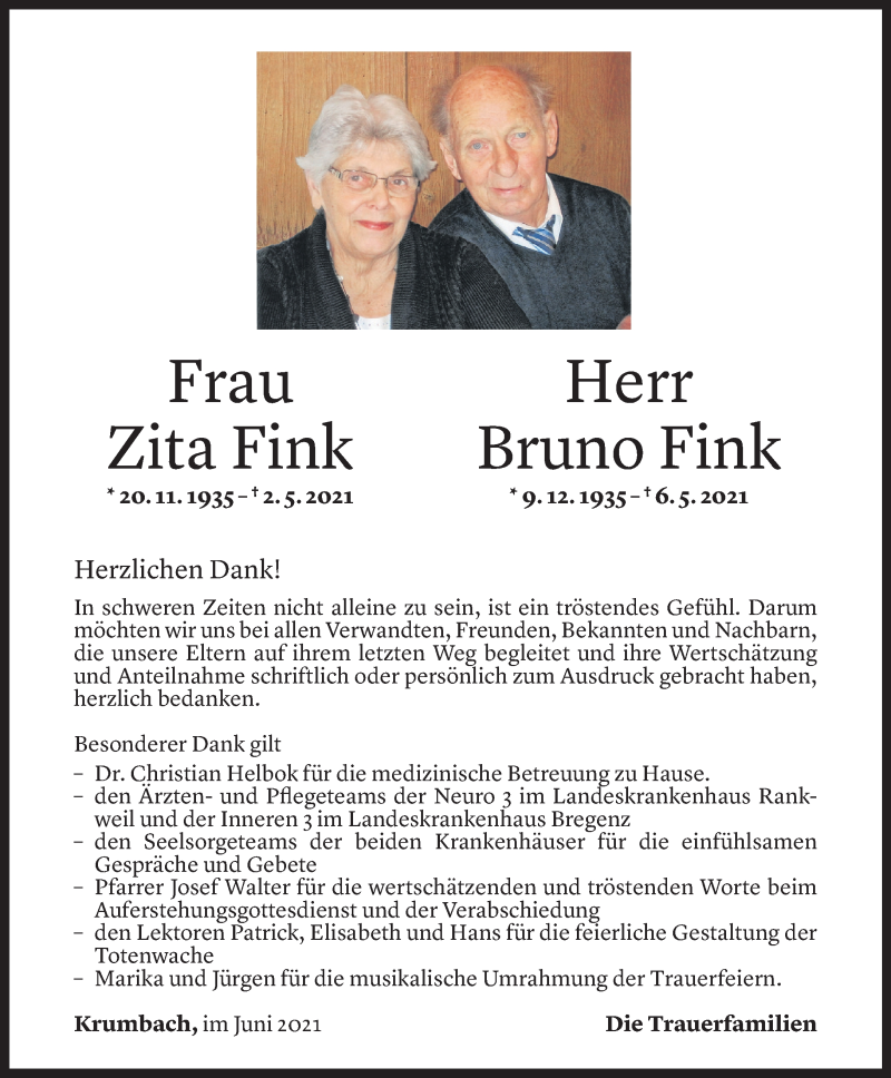  Todesanzeige für Zita und Bruno Fink vom 31.05.2021 aus Vorarlberger Nachrichten
