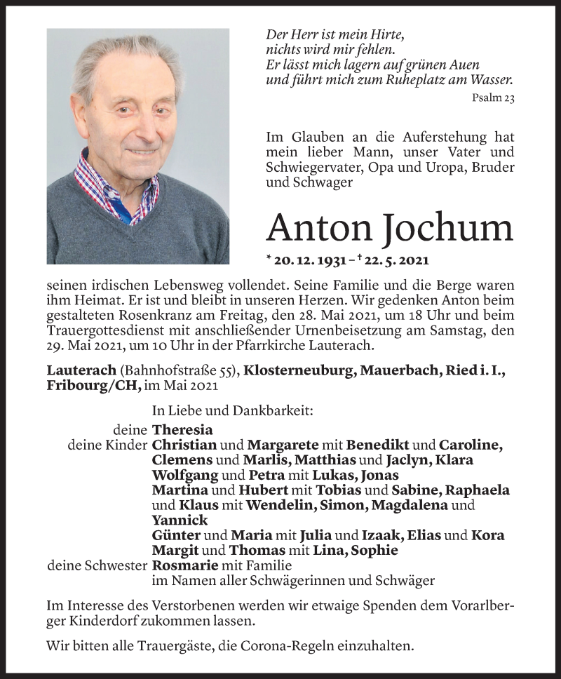  Todesanzeige für Anton Jochum vom 26.05.2021 aus Vorarlberger Nachrichten