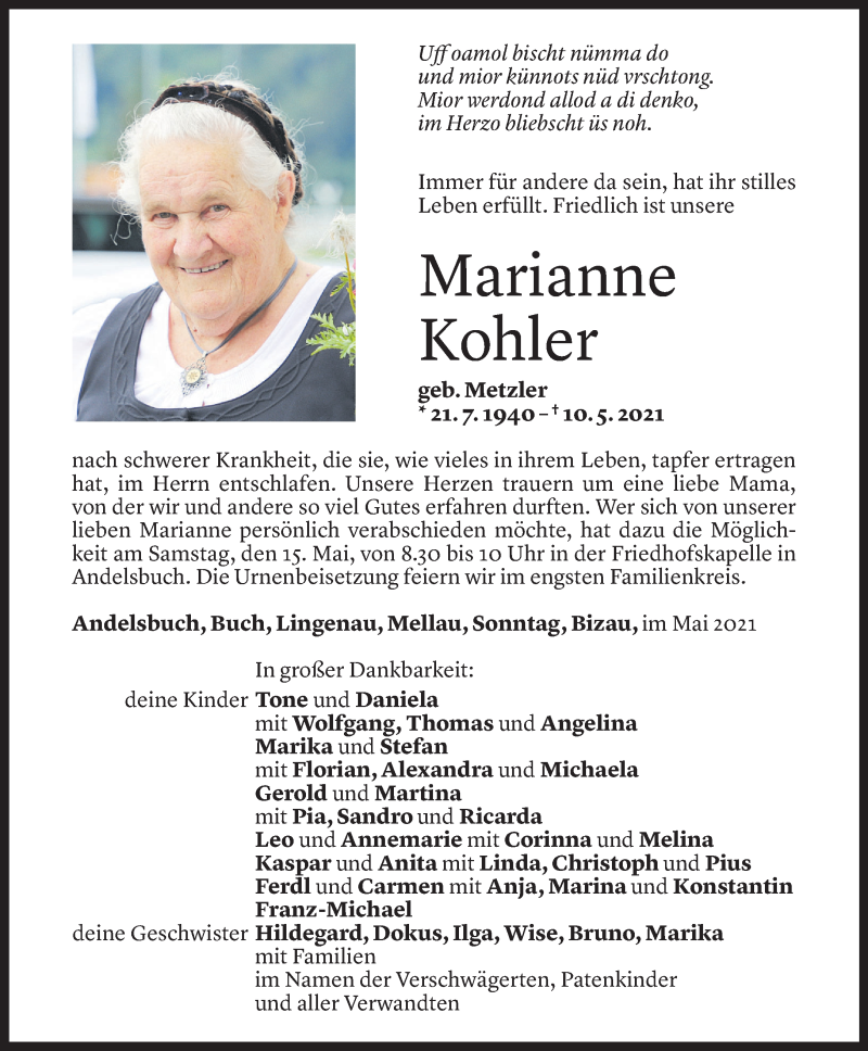  Todesanzeige für Marianne Kohler vom 13.05.2021 aus Vorarlberger Nachrichten