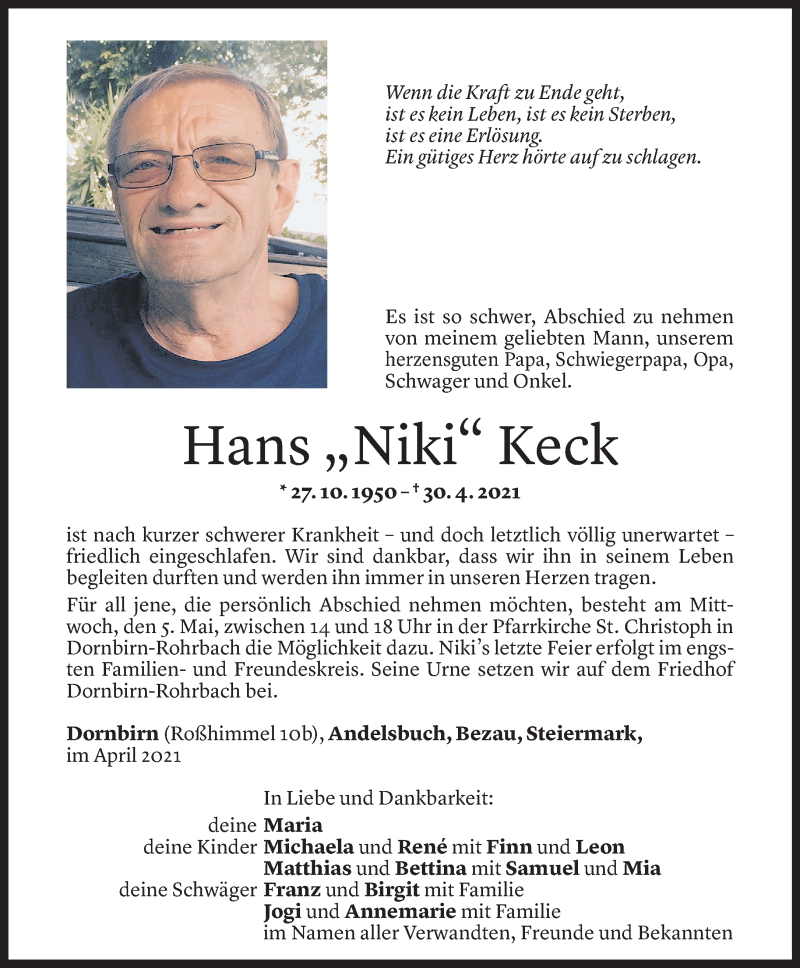  Todesanzeige für Hans Keck vom 02.05.2021 aus Vorarlberger Nachrichten