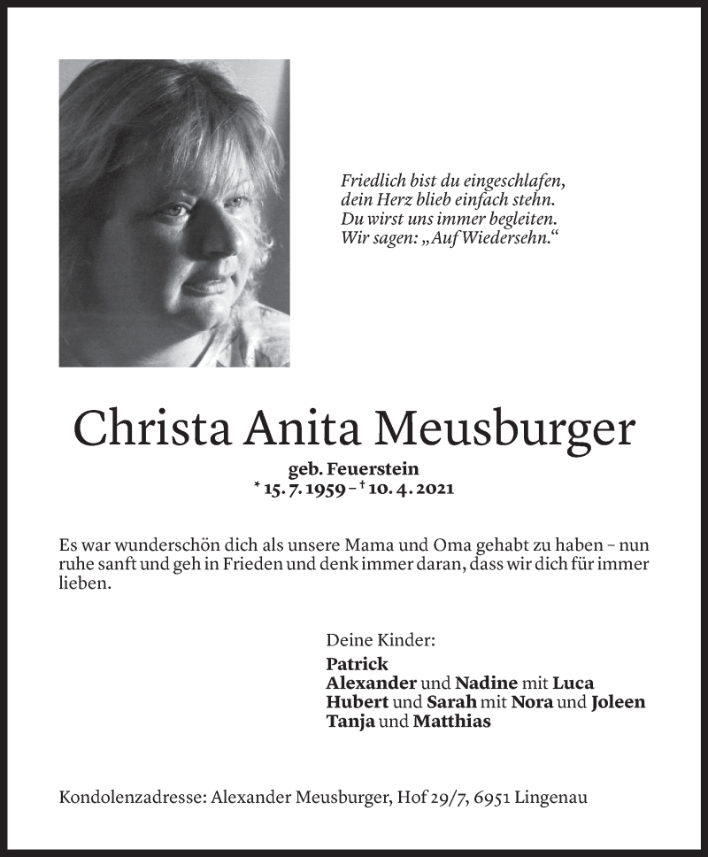  Todesanzeige für Christa Anita Meusburger vom 04.05.2021 aus Vorarlberger Nachrichten