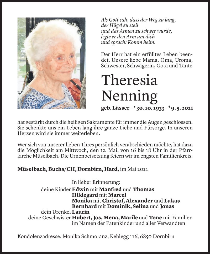  Todesanzeige für Theresia Nenning vom 10.05.2021 aus Vorarlberger Nachrichten