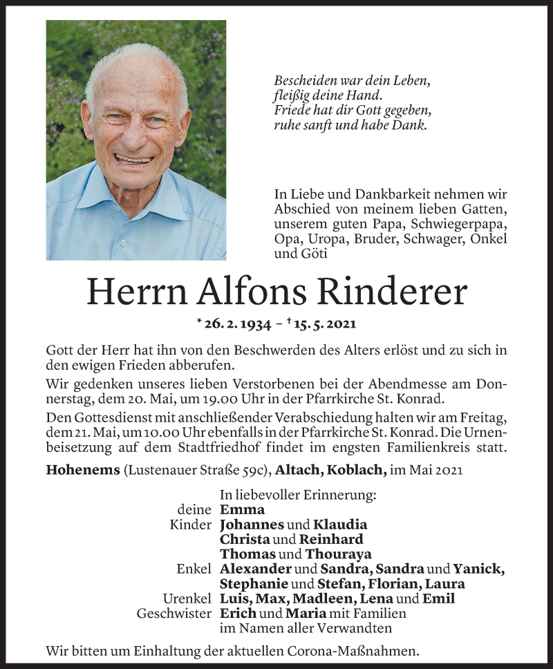  Todesanzeige für Alfons Rinderer vom 19.05.2021 aus vorarlberger nachrichten