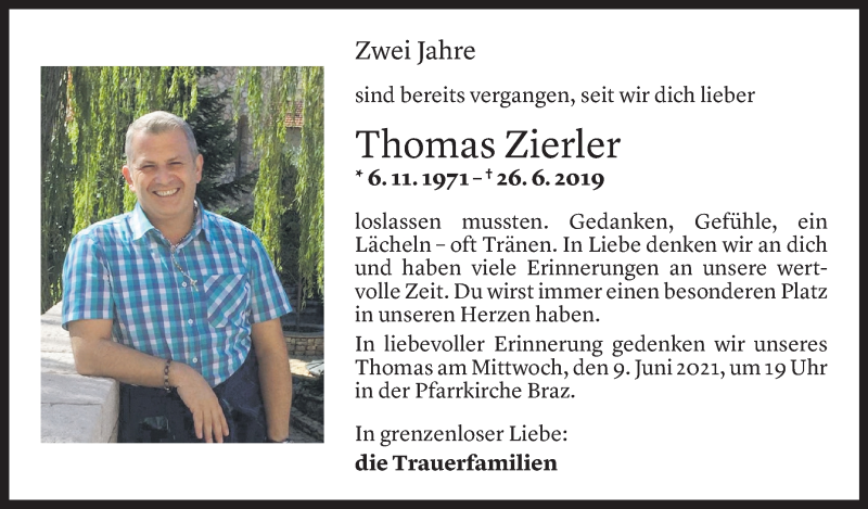  Todesanzeige für Thomas Zierler vom 02.06.2021 aus Vorarlberger Nachrichten