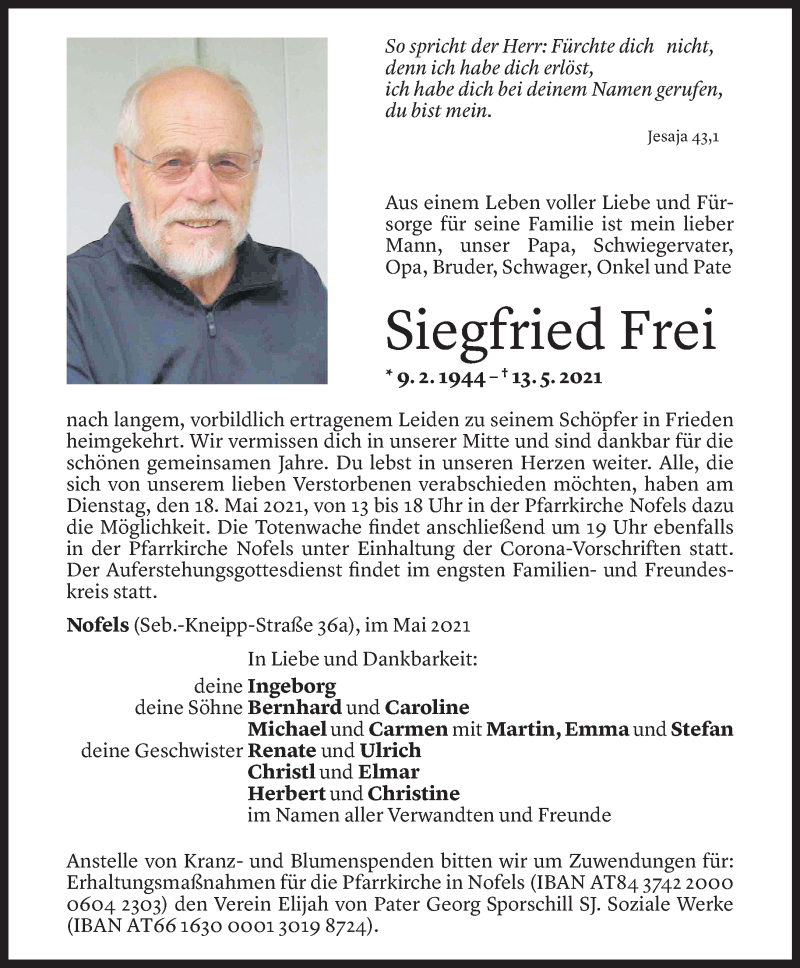  Todesanzeige für Siegfried Frei vom 17.05.2021 aus Vorarlberger Nachrichten