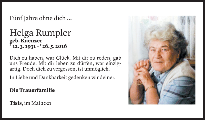  Todesanzeige für Helga Rumpler vom 25.05.2021 aus Vorarlberger Nachrichten