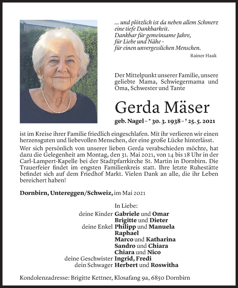  Todesanzeige für Gerda Mäser vom 28.05.2021 aus Vorarlberger Nachrichten