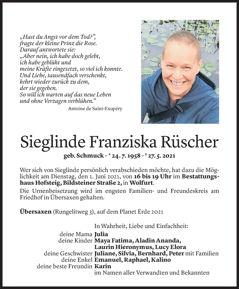  Todesanzeige für Sieglinde Rüscher vom 30.05.2021 aus Vorarlberger Nachrichten