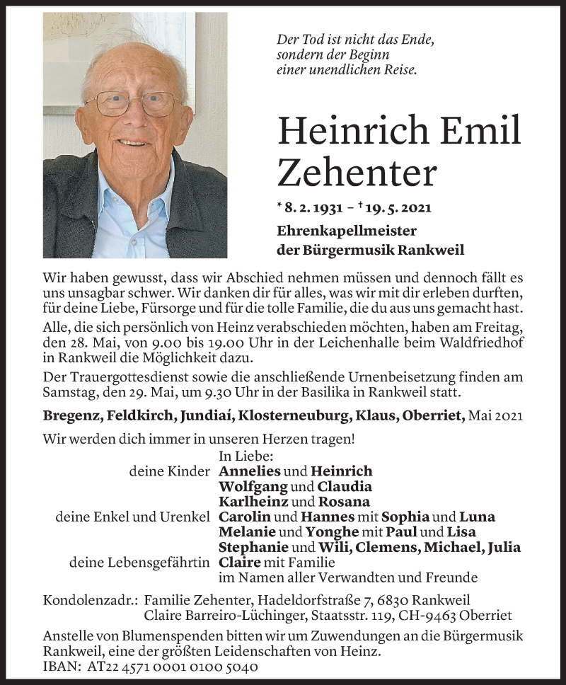  Todesanzeige für Heinz Zehenter vom 20.05.2021 aus Vorarlberger Nachrichten