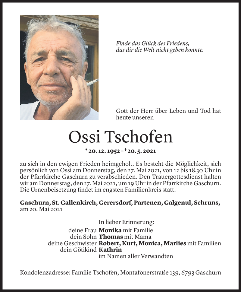  Todesanzeige für Ossi Tschofen vom 25.05.2021 aus Vorarlberger Nachrichten
