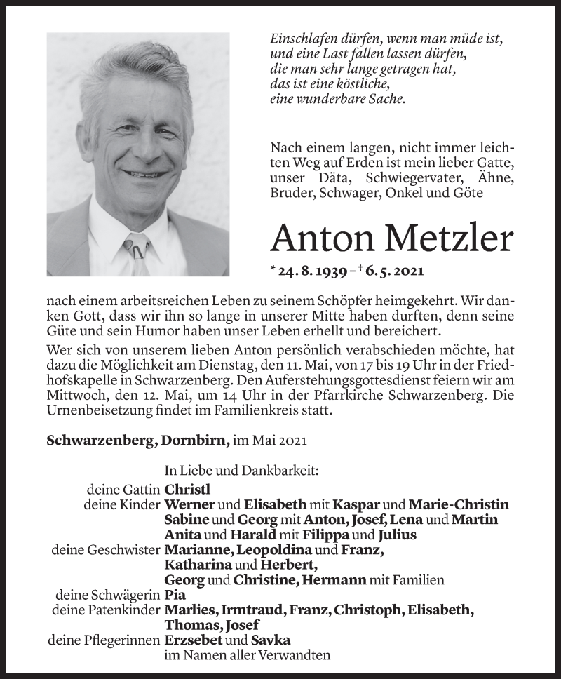  Todesanzeige für Anton Metzler vom 09.05.2021 aus Vorarlberger Nachrichten