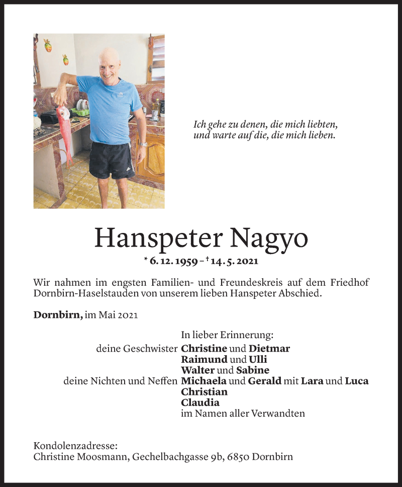  Todesanzeige für Hanspeter Nagyo vom 29.05.2021 aus Vorarlberger Nachrichten