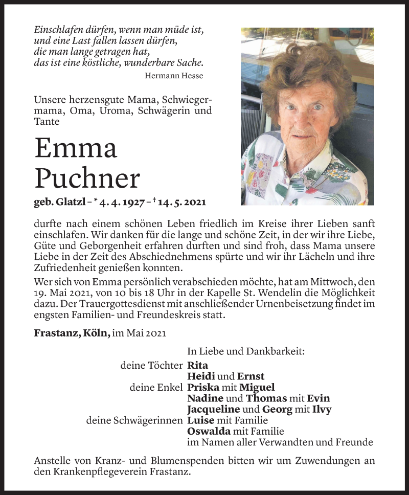  Todesanzeige für Emma Puchner vom 18.05.2021 aus Vorarlberger Nachrichten