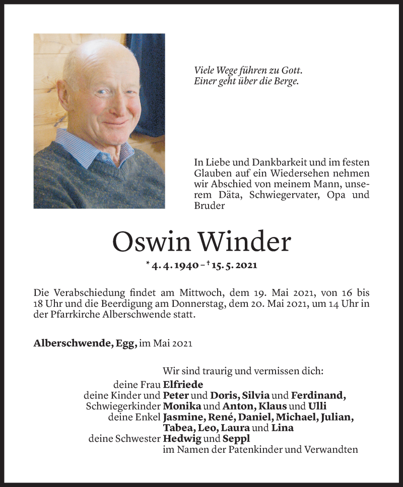  Todesanzeige für Oswin Winder vom 16.05.2021 aus Vorarlberger Nachrichten