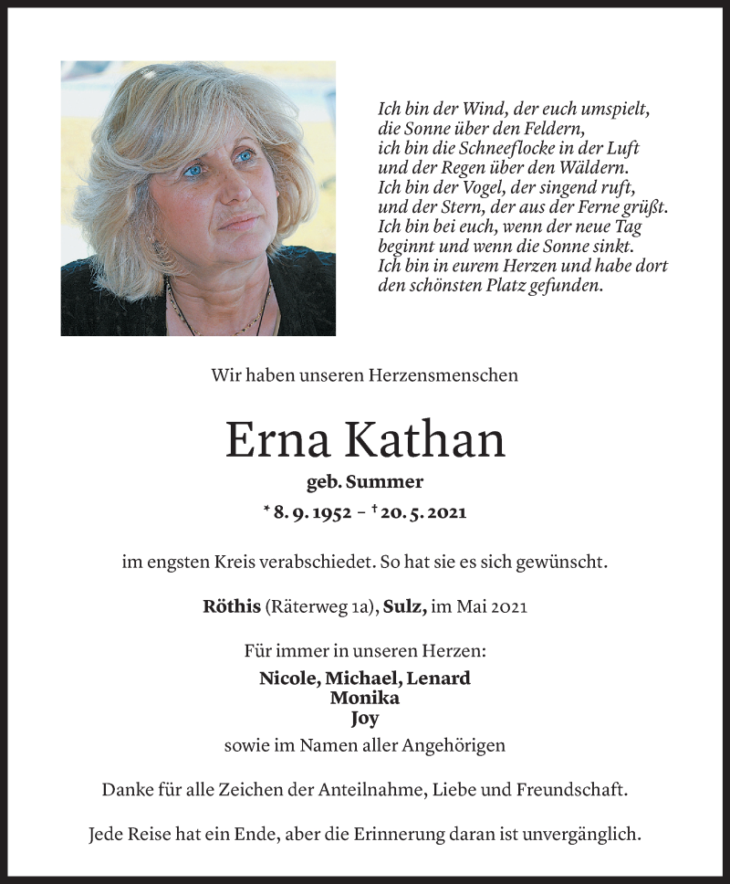  Todesanzeige für Erna Kathan vom 29.05.2021 aus Vorarlberger Nachrichten
