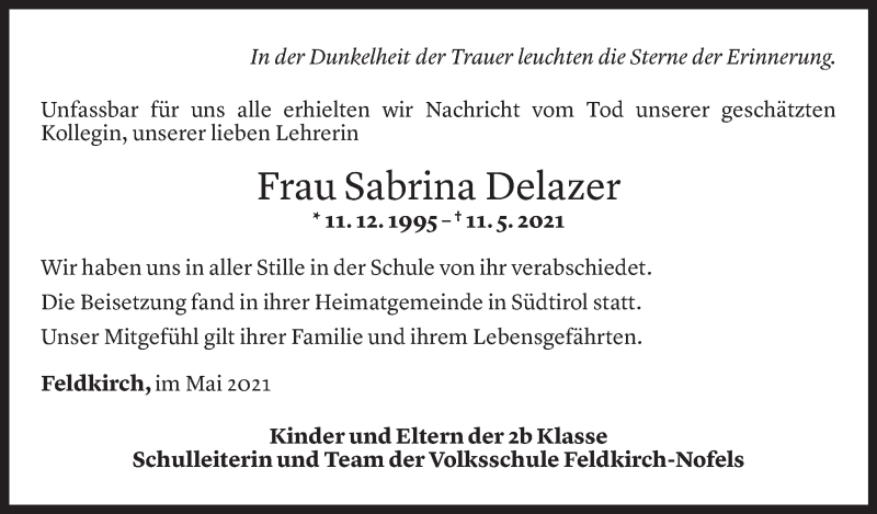  Todesanzeige für Sabrina Delazer vom 18.05.2021 aus Vorarlberger Nachrichten