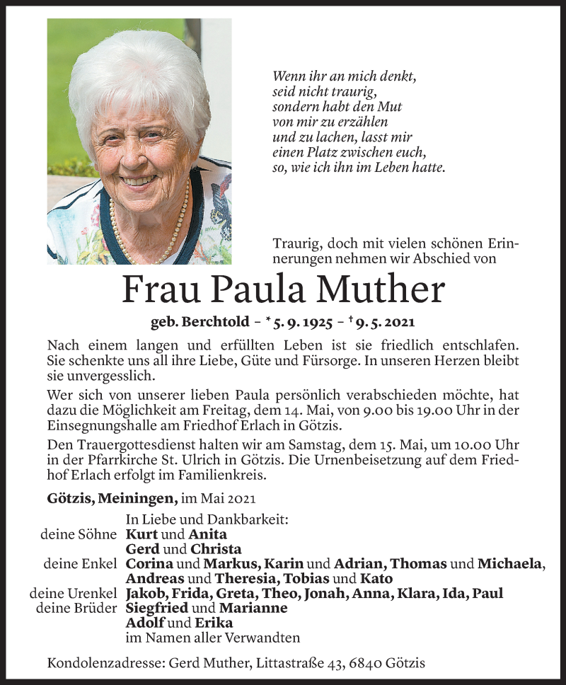  Todesanzeige für Paula Muther vom 12.05.2021 aus Vorarlberger Nachrichten
