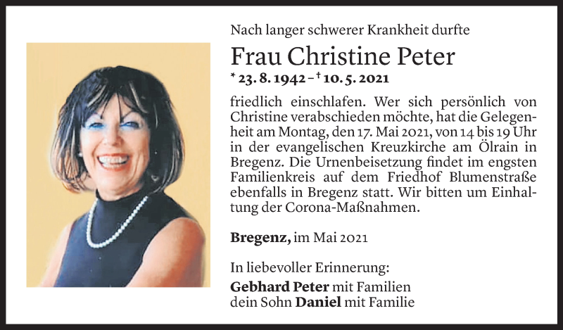  Todesanzeige für Christine Peter vom 15.05.2021 aus Vorarlberger Nachrichten