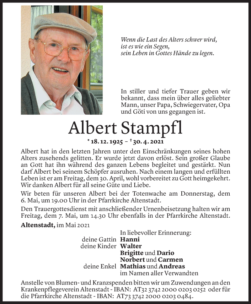  Todesanzeige für Albert Stampfl vom 04.05.2021 aus Vorarlberger Nachrichten