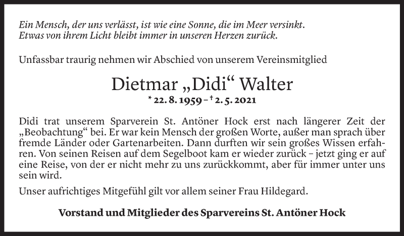  Todesanzeige für Dietmar Walter vom 05.05.2021 aus Vorarlberger Nachrichten