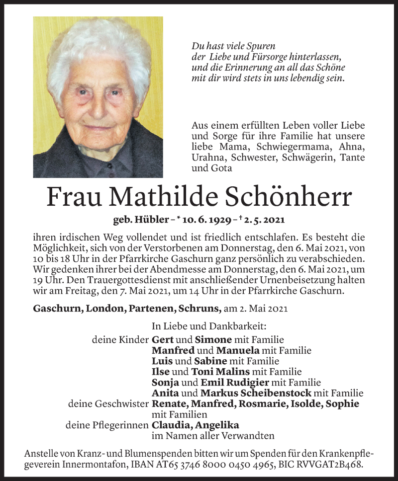  Todesanzeige für Mathilde Schönherr vom 03.05.2021 aus Vorarlberger Nachrichten