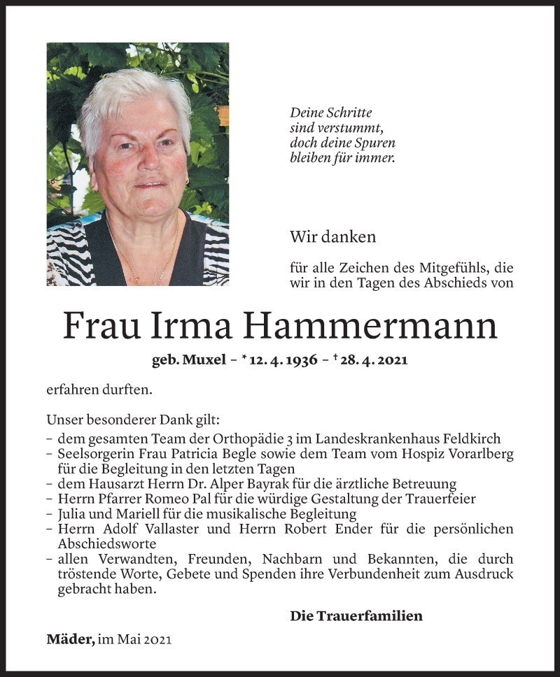  Todesanzeige für Irma Hammermann vom 21.05.2021 aus Vorarlberger Nachrichten