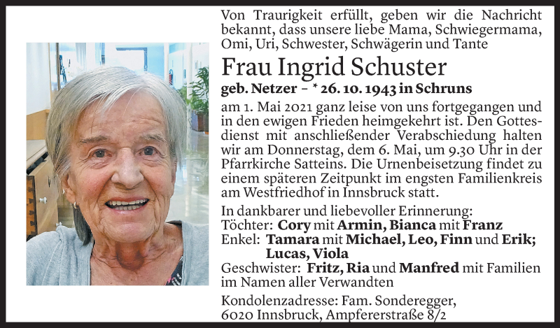  Todesanzeige für Ingrid Schuster vom 05.05.2021 aus Vorarlberger Nachrichten