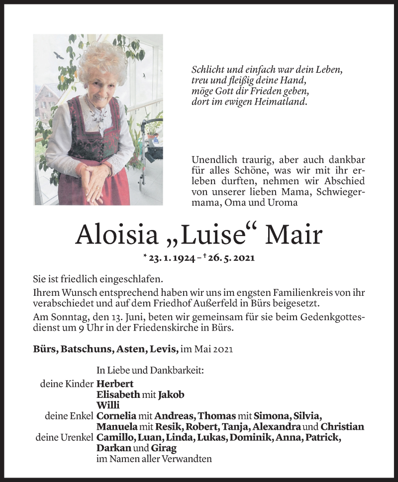  Todesanzeige für Aloisia Mair vom 10.06.2021 aus Vorarlberger Nachrichten