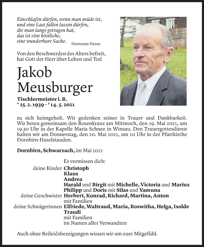 Todesanzeige für Jakob Meusburger vom 17.05.2021 aus Vorarlberger Nachrichten