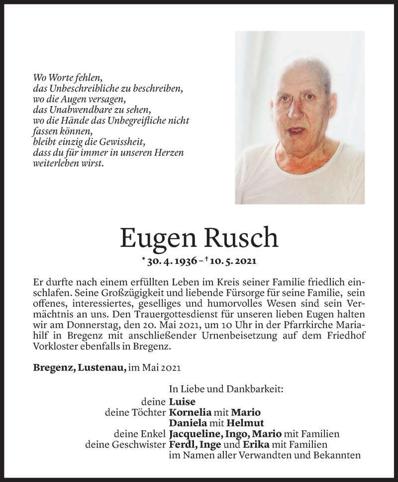  Todesanzeige für Eugen Rusch vom 17.05.2021 aus Vorarlberger Nachrichten