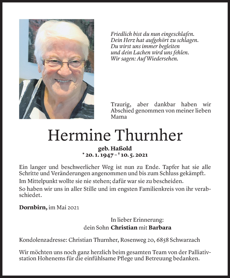  Todesanzeige für Hermine Thurnher vom 17.05.2021 aus Vorarlberger Nachrichten