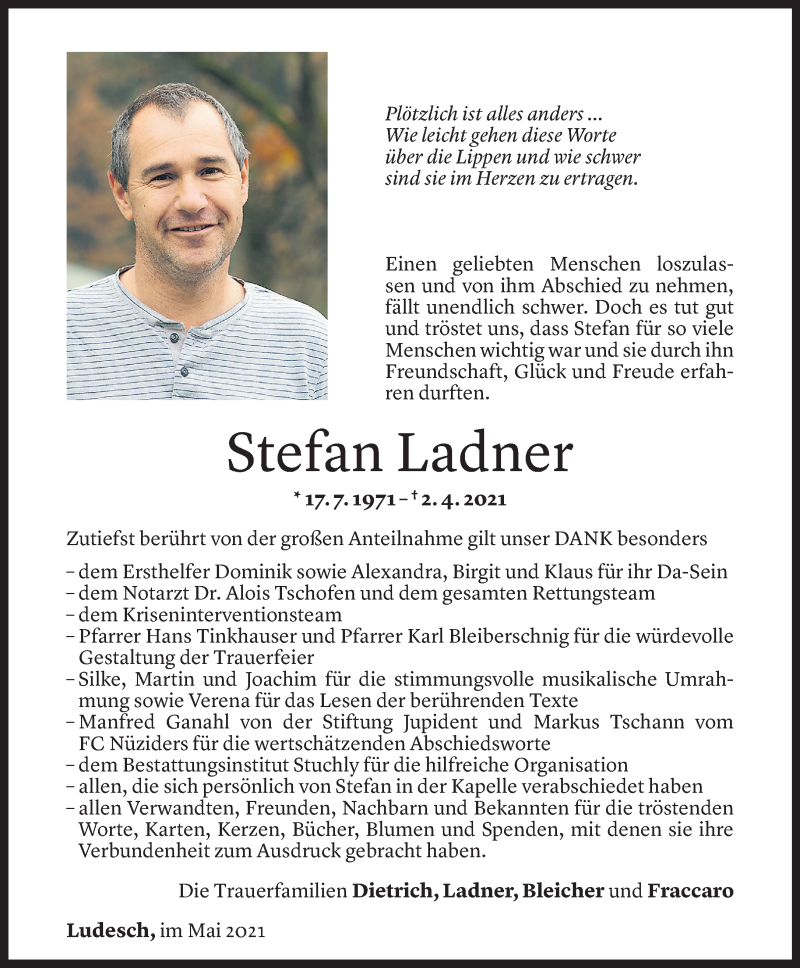  Todesanzeige für Stefan Ladner vom 15.05.2021 aus Vorarlberger Nachrichten