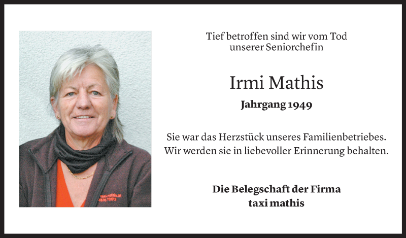  Todesanzeige für Irmi Mathis vom 22.05.2021 aus vorarlberger nachrichten