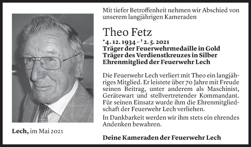  Todesanzeige für Theo Fetz vom 05.05.2021 aus Vorarlberger Nachrichten