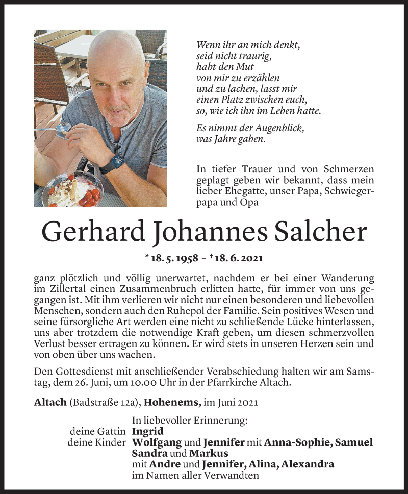  Todesanzeige für Gerhard Johannes Salcher vom 24.06.2021 aus Vorarlberger Nachrichten