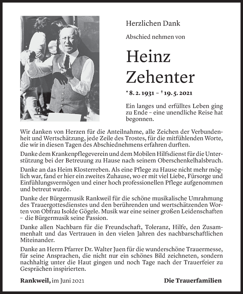  Todesanzeige für Heinz Zehenter vom 11.06.2021 aus Vorarlberger Nachrichten