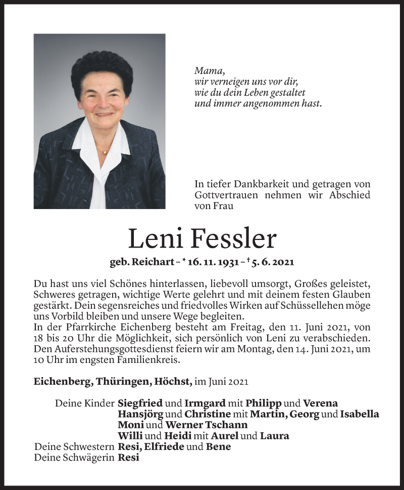  Todesanzeige für Leni Fessler vom 08.06.2021 aus Vorarlberger Nachrichten
