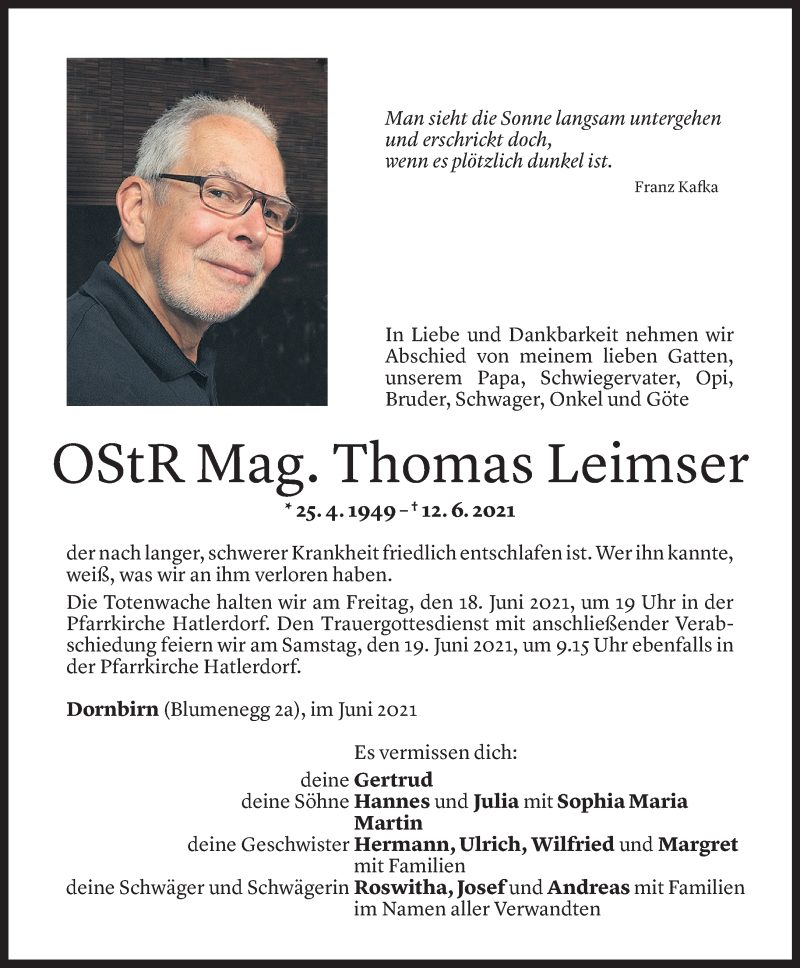  Todesanzeige für Thomas Leimser vom 15.06.2021 aus Vorarlberger Nachrichten