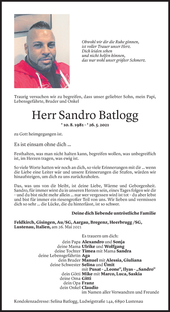  Todesanzeige für Sandro Batlogg vom 07.06.2021 aus Vorarlberger Nachrichten
