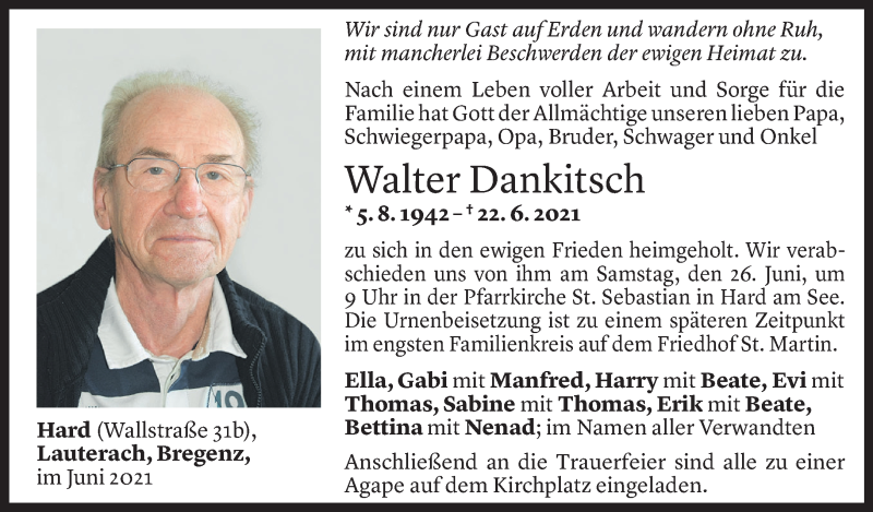  Todesanzeige für Walter Dankitsch vom 23.06.2021 aus Vorarlberger Nachrichten