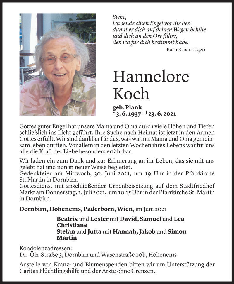 Todesanzeige für Hannelore Koch vom 28.06.2021 aus Vorarlberger Nachrichten