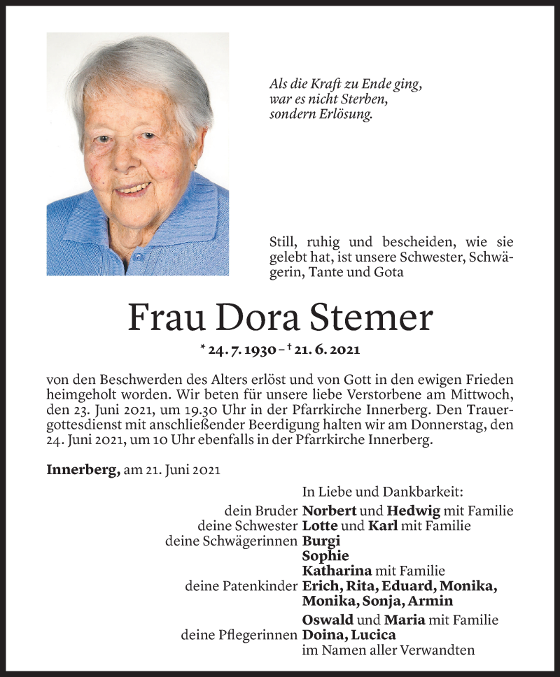  Todesanzeige für Dora Stemer vom 22.06.2021 aus Vorarlberger Nachrichten