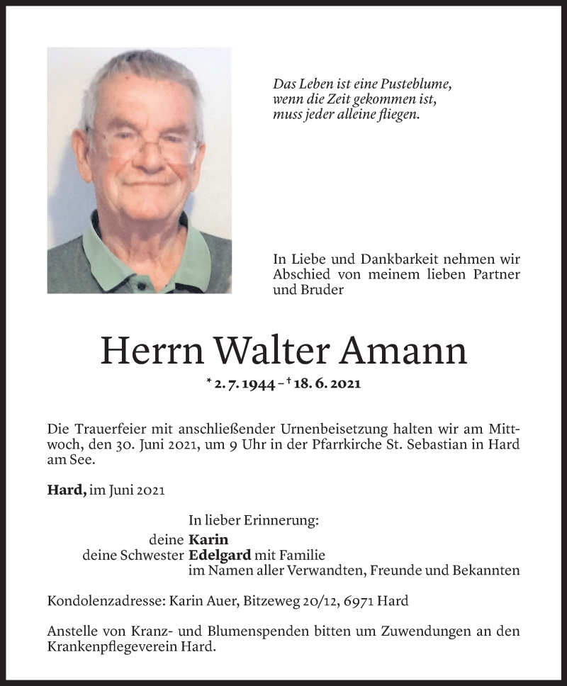  Todesanzeige für Walter Amann vom 27.06.2021 aus Vorarlberger Nachrichten