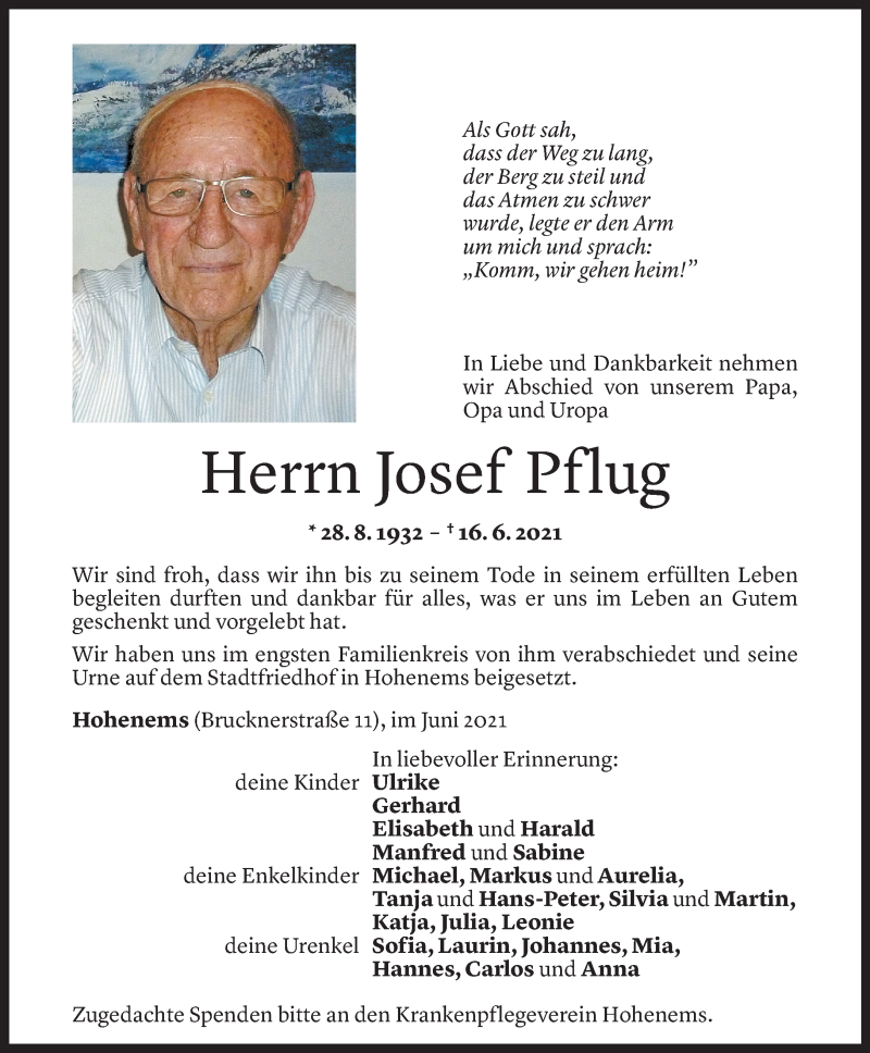  Todesanzeige für Josef Pflug vom 24.06.2021 aus Vorarlberger Nachrichten