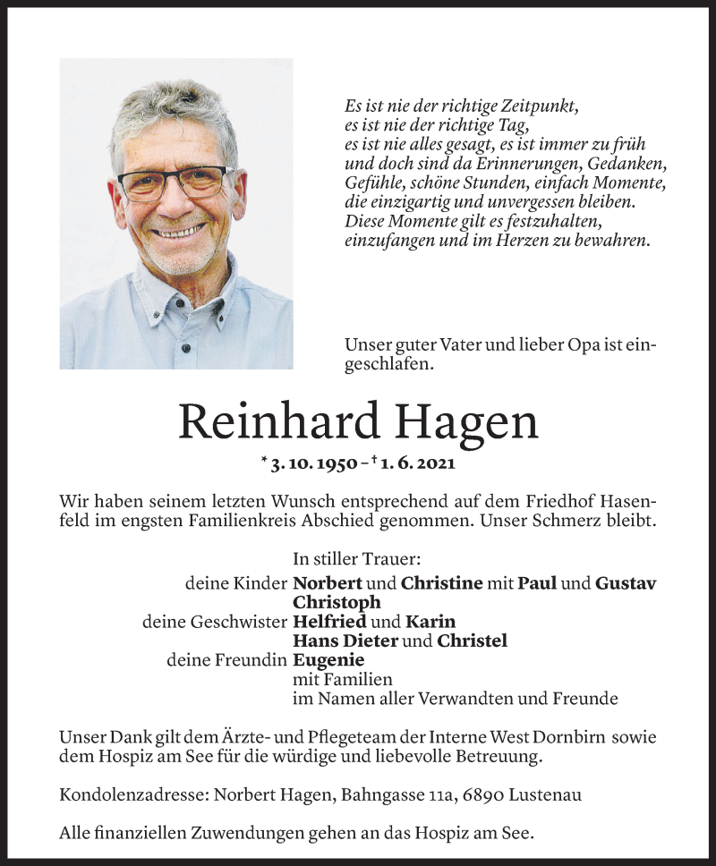  Todesanzeige für Reinhard Hagen vom 10.06.2021 aus Vorarlberger Nachrichten