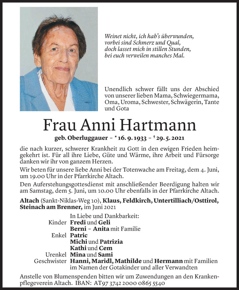  Todesanzeige für Anni Hartmann vom 02.06.2021 aus Vorarlberger Nachrichten