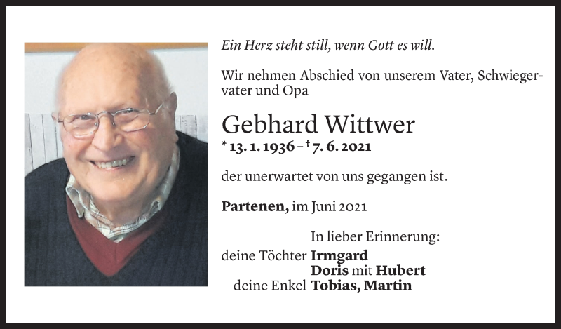  Todesanzeige für Gebhard Wittwer vom 07.06.2021 aus Vorarlberger Nachrichten