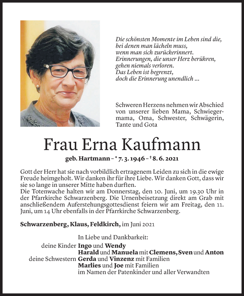  Todesanzeige für Erna Kaufmann vom 08.06.2021 aus Vorarlberger Nachrichten