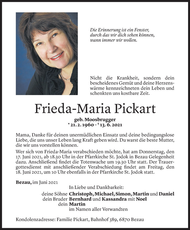  Todesanzeige für Frieda-Maria Pickart vom 14.06.2021 aus Vorarlberger Nachrichten