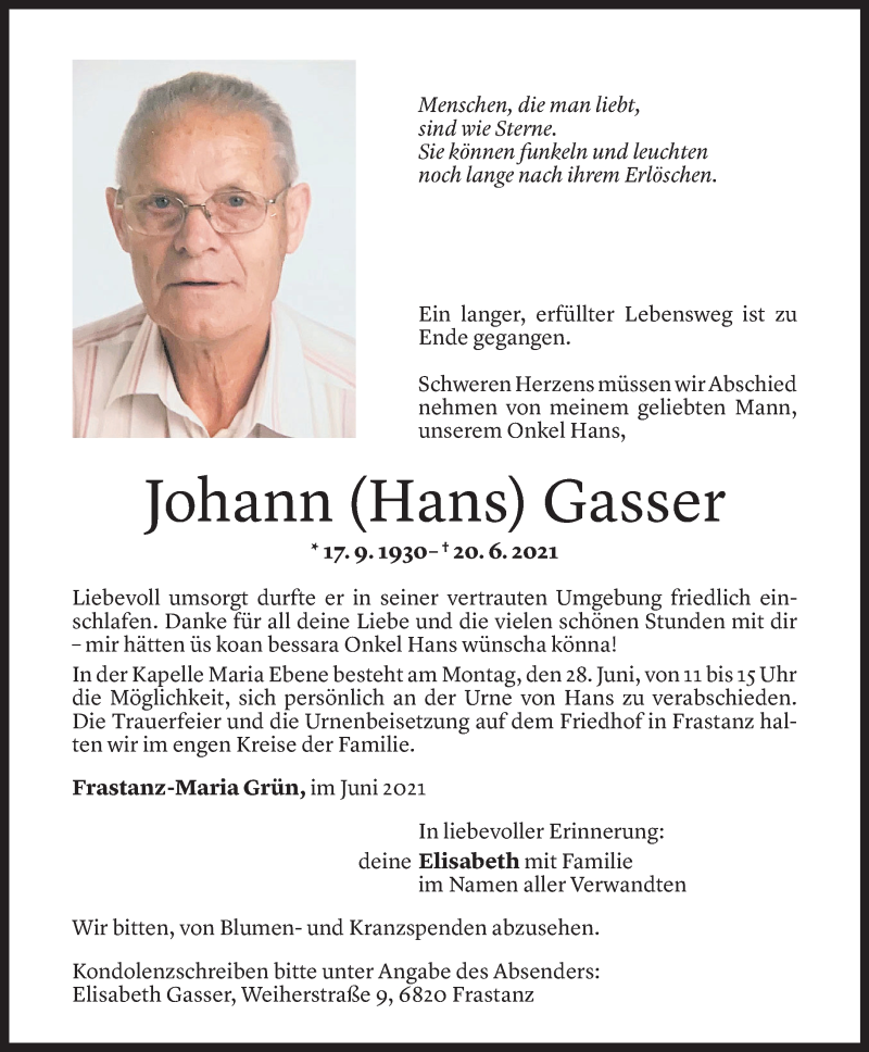  Todesanzeige für Johann Gasser vom 25.06.2021 aus Vorarlberger Nachrichten